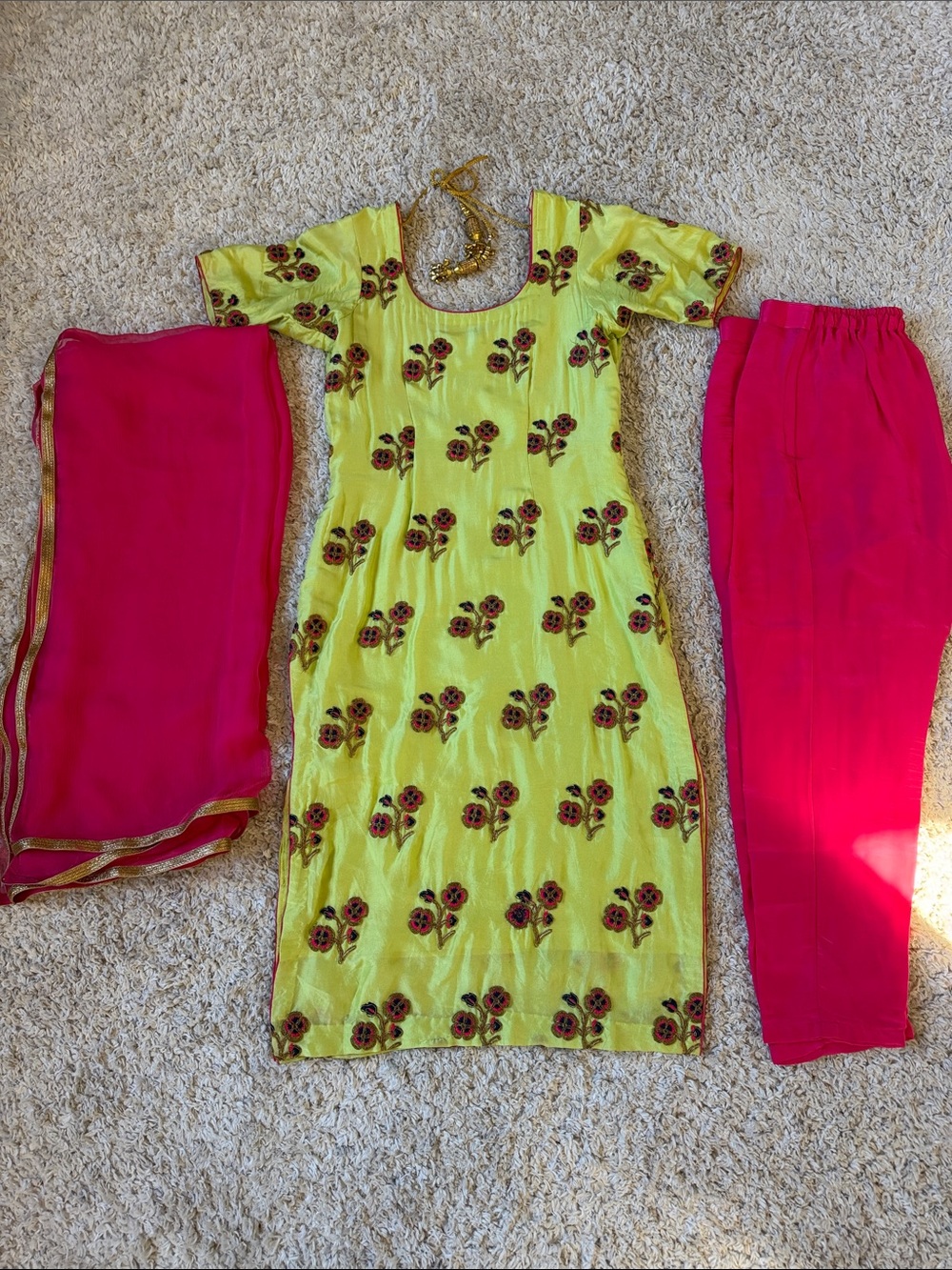 Light yellow green & Pink Floral Salwar Kameez - Traditional